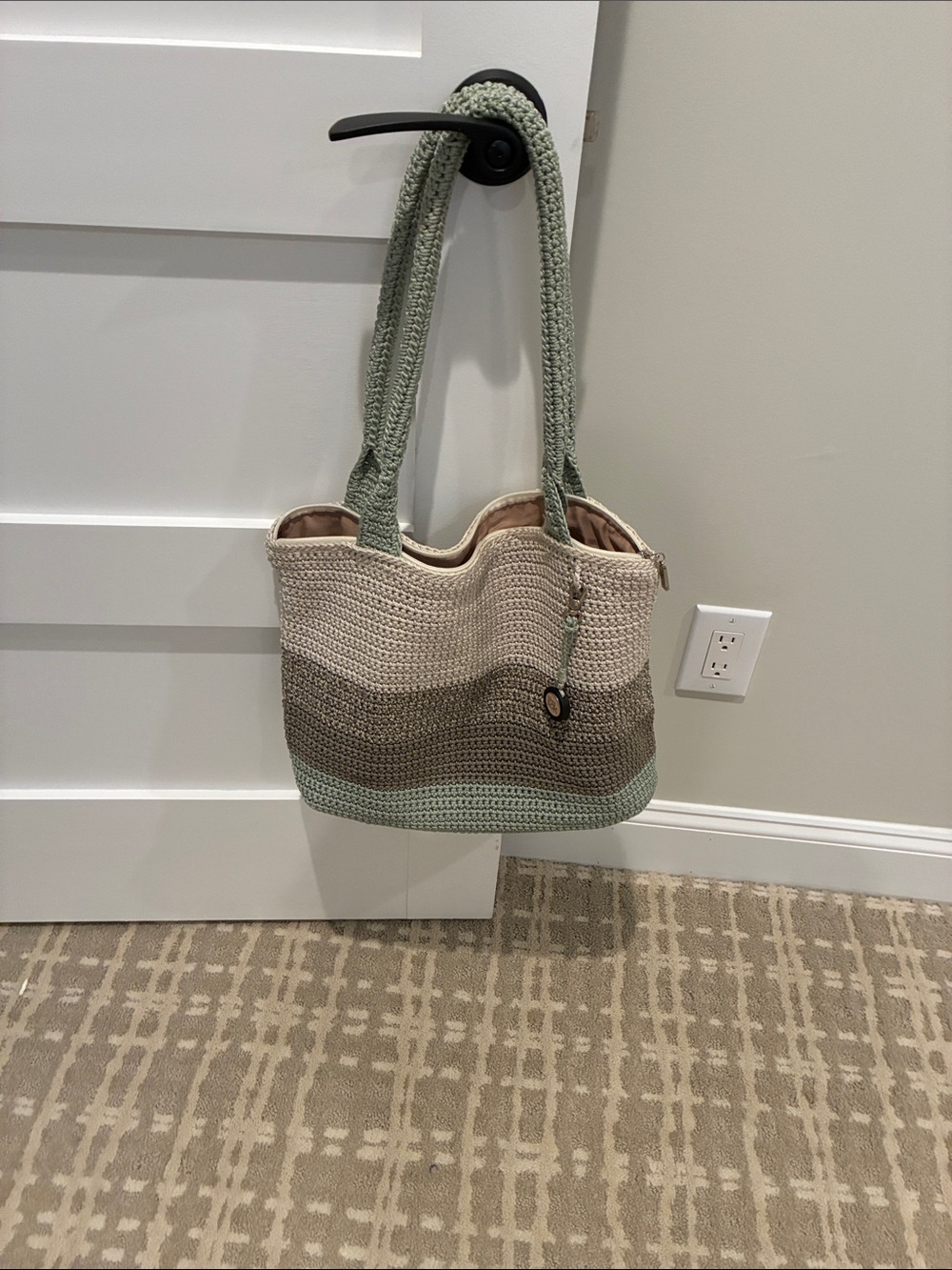 The Sak Crochet Stripe Tote in Sage, Beige and Taupe